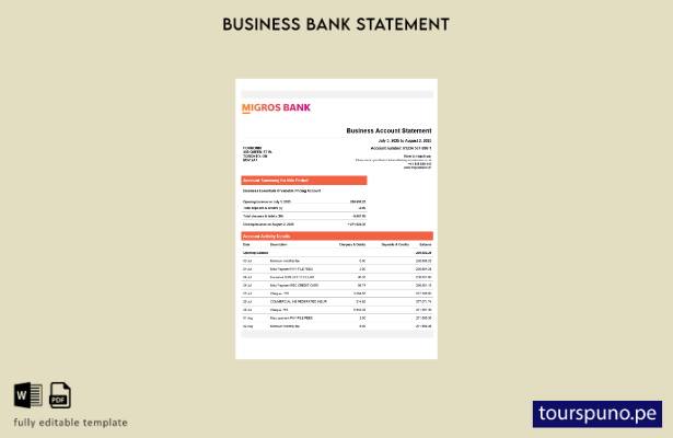 listo para imprimir extracto empresarial de Swiss Migrosbank Plantilla en format
